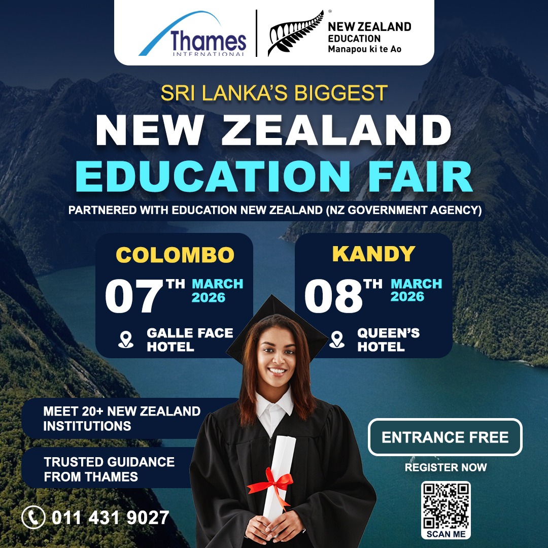 Promotional poster for Sri Lanka’s Biggest New Zealand Education Fair 2026, partnered with Education New Zealand and Thames International. The event takes place in Colombo on 7th March 2026 at Galle Face Hotel and in Kandy on 8th March 2026 at Queen’s Hotel. The design features a graduate holding a certificate, scenic New Zealand landscape background, event highlights such as meeting 20+ New Zealand institutions, trusted guidance, free entrance, contact number, and a QR code to register.