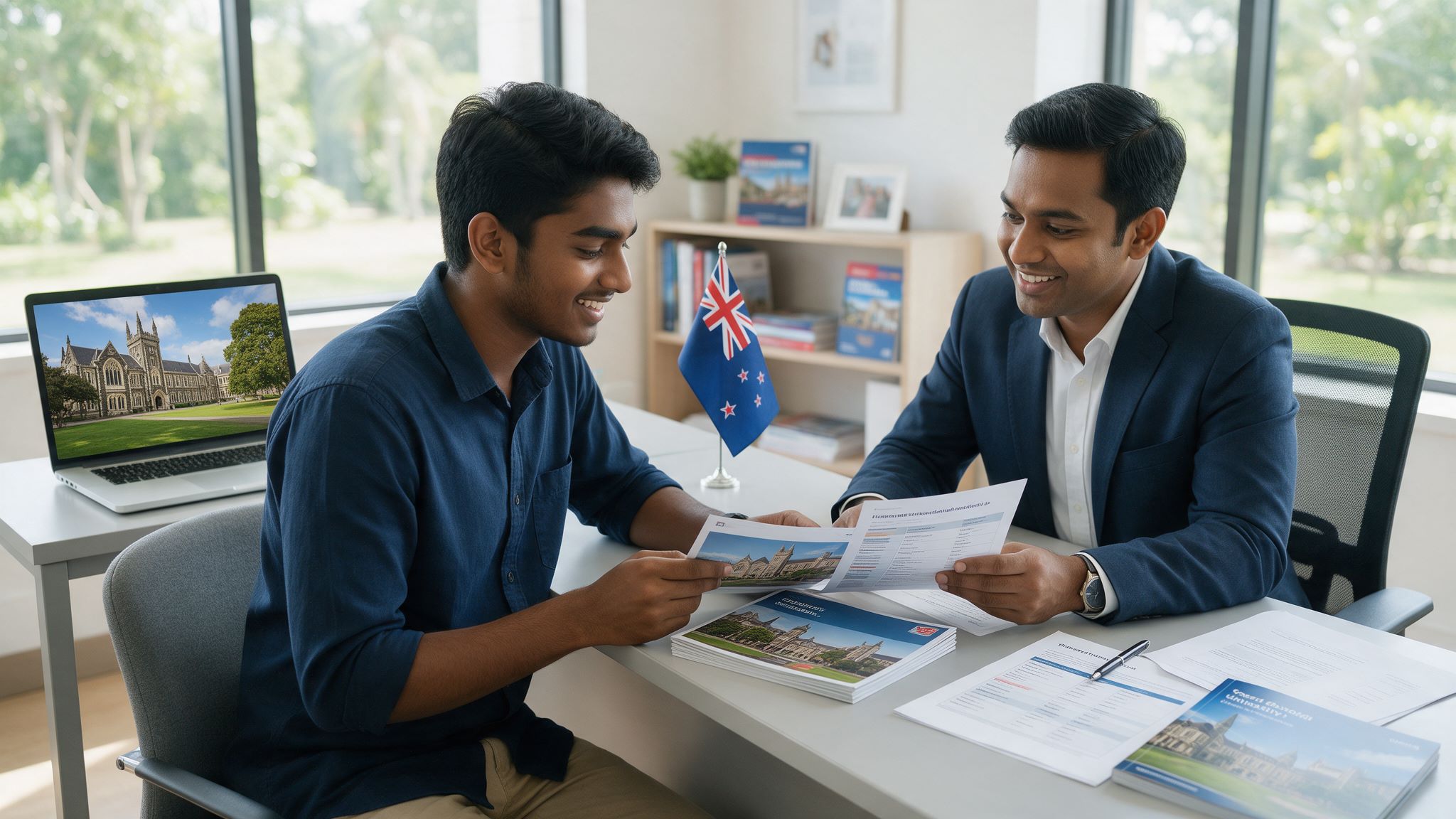 A smiling student and an educational consultant sit together at a desk reviewing study abroad application papers, with a laptop displaying a university campus and a New Zealand flag on display. Thames International is the leading student visa agent in Sri Lanka.