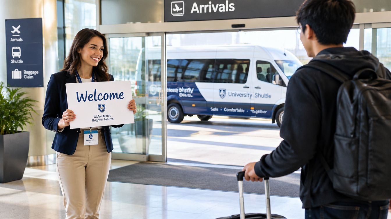 A bright and welcoming airport arrival hall. A smiling university representative in smart-casual business attire holds a sign that says "Welcome" and greets an international student pulling a modern rolling suitcase. Through large glass sliding doors in the background, a comfortable airport shuttle van is parked outside ready for pickup. Warm natural lighting, professional corporate photography, 8k resolution, photorealistic. by thames