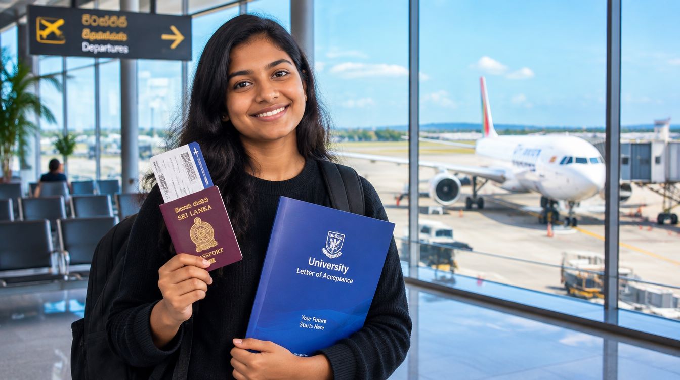 A professional, modern airport departure lounge with a smiling young sri lankan student holding a passport, boarding pass, and acceptance folder. In the background, large floor-to-ceiling windows show an airplane on the tarmac under bright, clear daylight. Cinematic lighting, corporate clean style, shallow depth of field, 8k resolution, photorealistic published by trusted partner for New Zealand studies Thames.